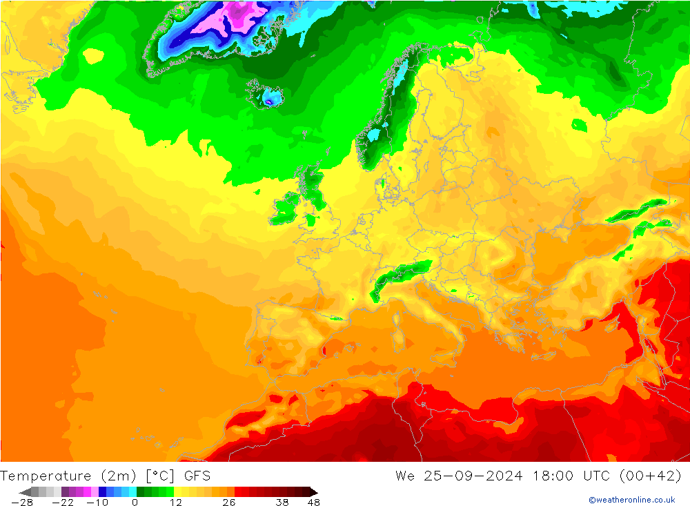 Temperatura (2m) GFS mer 25.09.2024 18 UTC