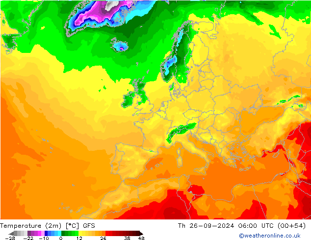 Temperatura (2m) GFS jue 26.09.2024 06 UTC