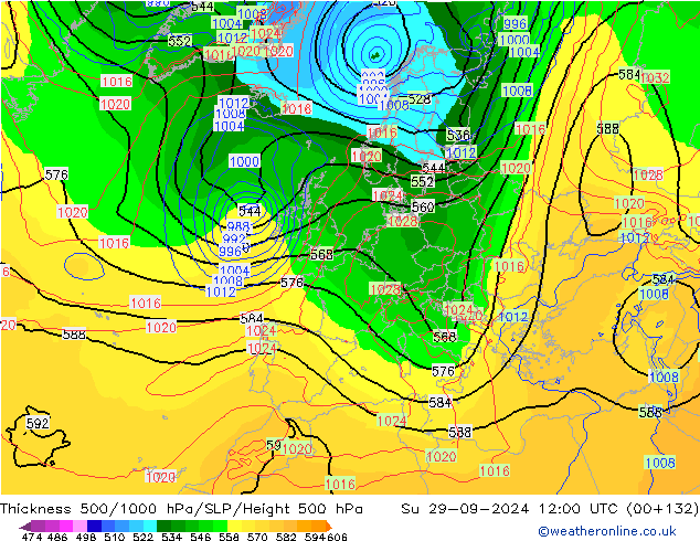 500-1000 hPa Kalınlığı GFS Paz 29.09.2024 12 UTC