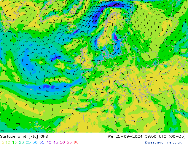 Surface wind GFS St 25.09.2024 09 UTC