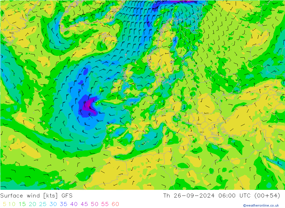 ветер 10 m GFS чт 26.09.2024 06 UTC