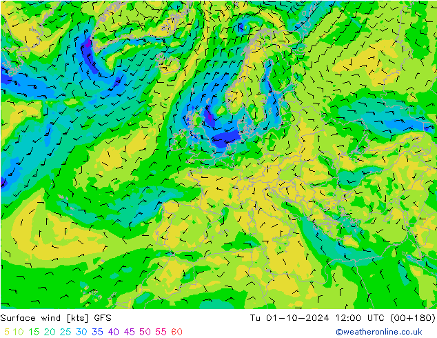 Vento 10 m GFS mar 01.10.2024 12 UTC