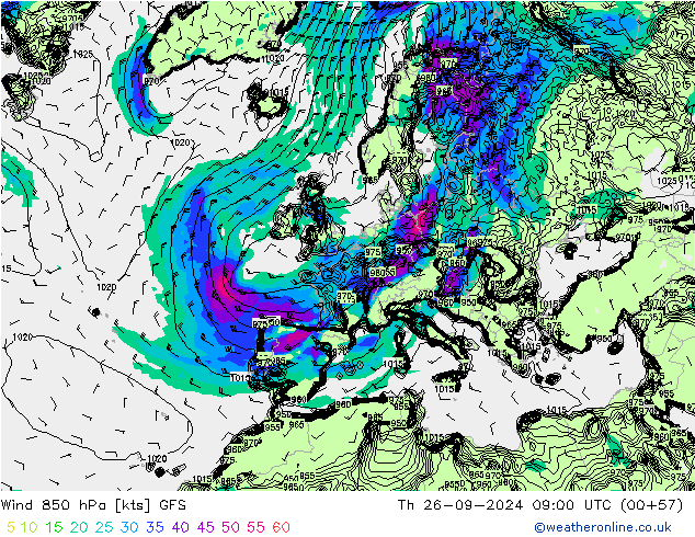 Viento 850 hPa GFS jue 26.09.2024 09 UTC