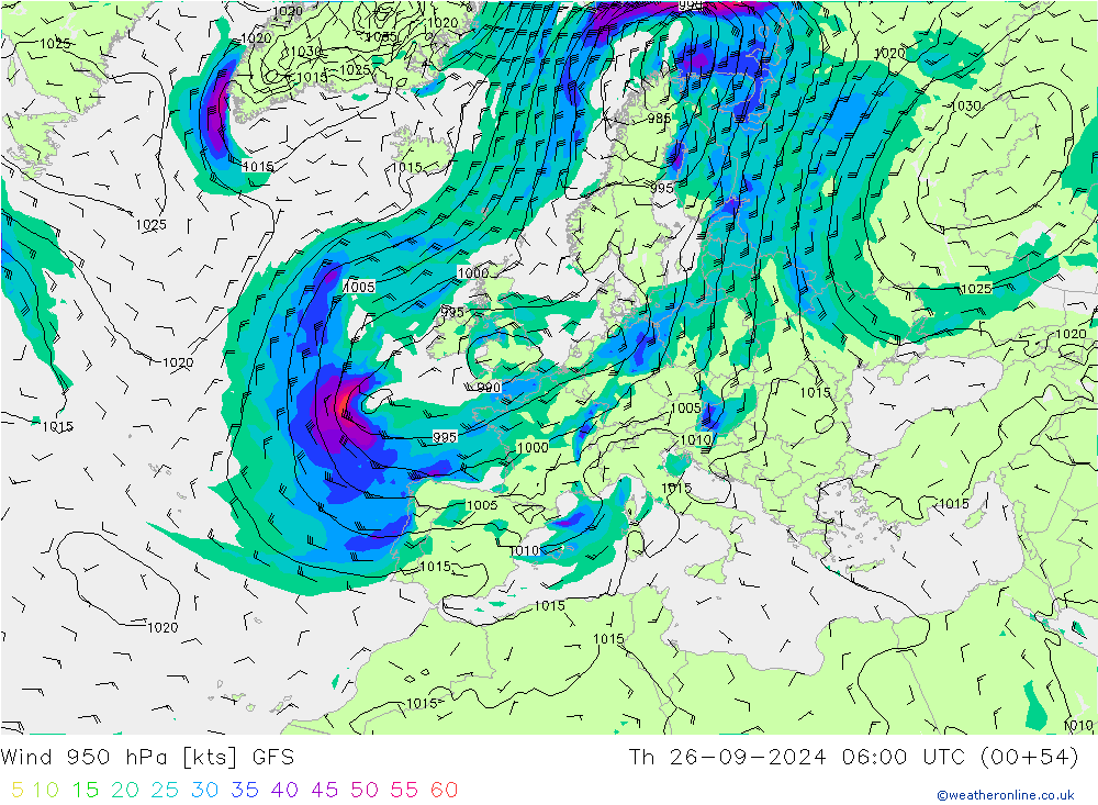 ветер 950 гПа GFS чт 26.09.2024 06 UTC