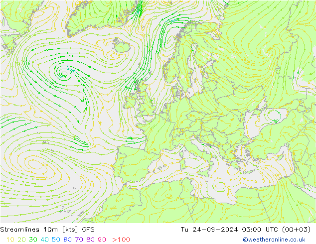 Linia prądu 10m GFS wto. 24.09.2024 03 UTC