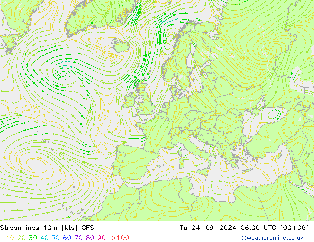 Stromlinien 10m GFS Di 24.09.2024 06 UTC