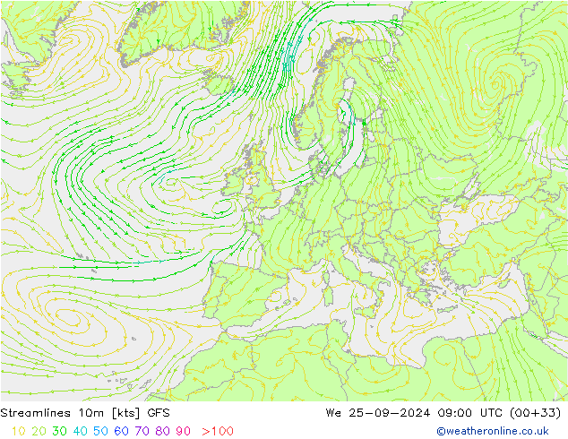 Linea di flusso 10m GFS mer 25.09.2024 09 UTC