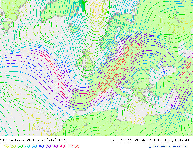 Stromlinien 200 hPa GFS Fr 27.09.2024 12 UTC