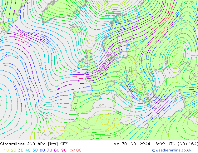 Stroomlijn 200 hPa GFS ma 30.09.2024 18 UTC