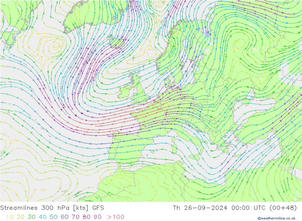 Linea di flusso 300 hPa GFS gio 26.09.2024 00 UTC