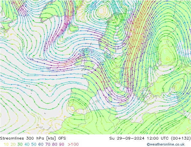 Stroomlijn 300 hPa GFS zo 29.09.2024 12 UTC