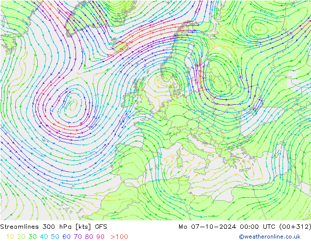 Ligne de courant 300 hPa GFS lun 07.10.2024 00 UTC