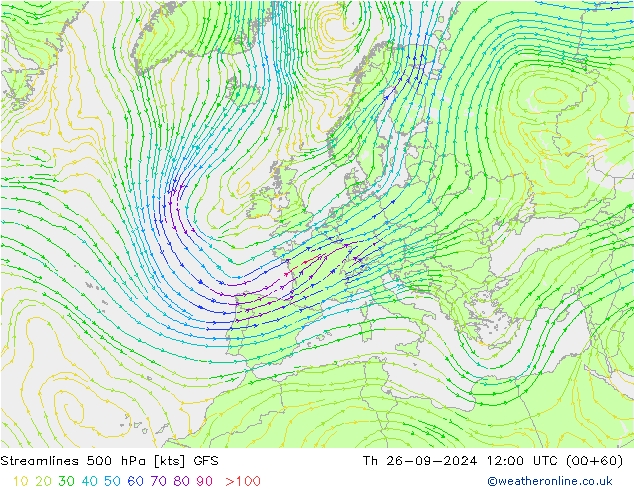 Stromlinien 500 hPa GFS Do 26.09.2024 12 UTC