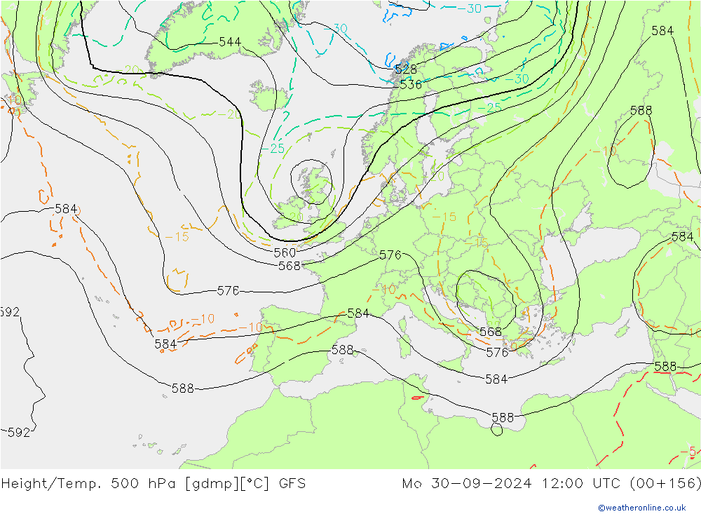 Height/Temp. 500 hPa GFS Mo 30.09.2024 12 UTC