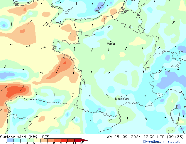 Surface wind (bft) GFS We 25.09.2024 12 UTC