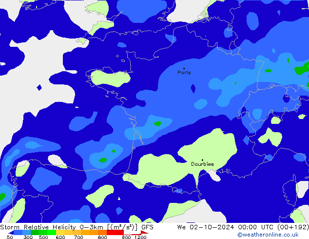 Storm Relative Helicity GFS mer 02.10.2024 00 UTC