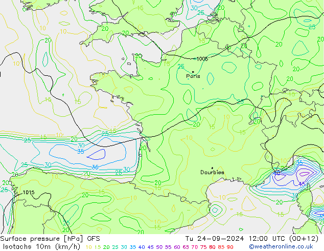 Izotacha (km/godz) GFS wto. 24.09.2024 12 UTC