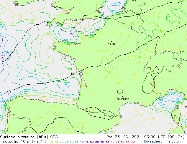 Isotachs (kph) GFS We 25.09.2024 00 UTC