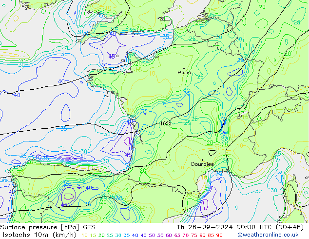 Isotaca (kph) GFS jue 26.09.2024 00 UTC