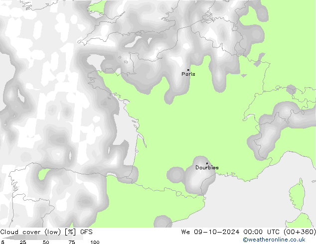 zachmurzenie (niskie) GFS śro. 09.10.2024 00 UTC