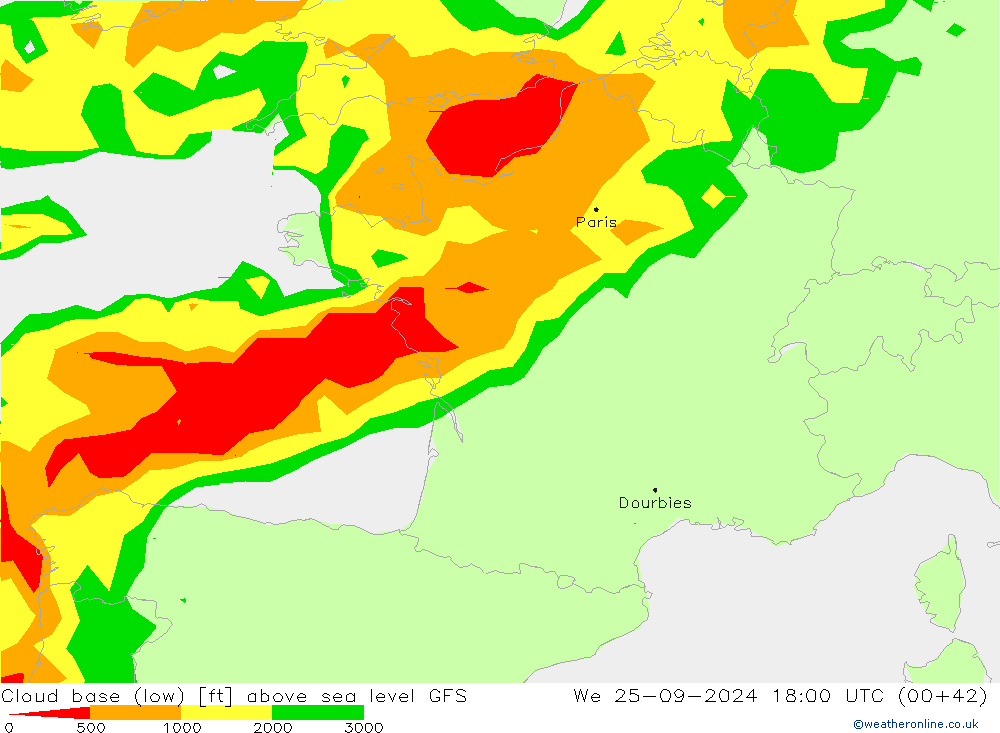 Cloud base (low) GFS mer 25.09.2024 18 UTC