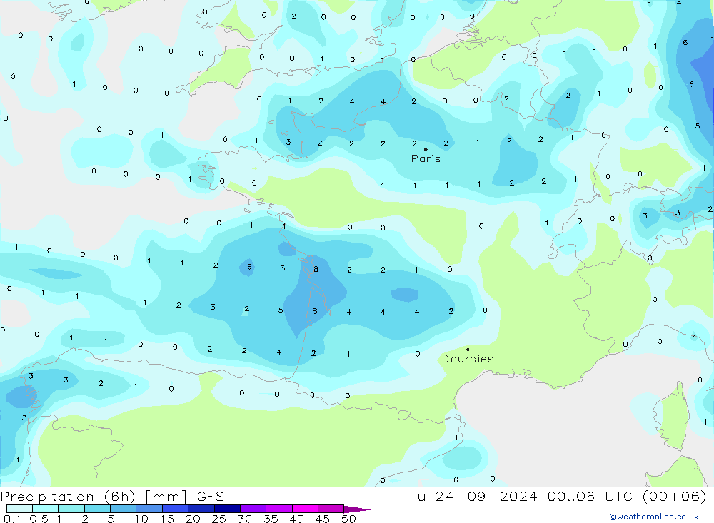 Prec 6h/Wind 10m/950 GFS вт 24.09.2024 06 UTC