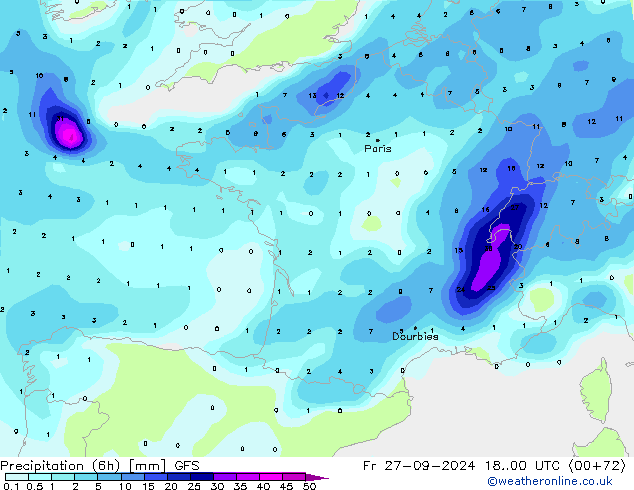 Z500/Rain (+SLP)/Z850 GFS ven 27.09.2024 00 UTC