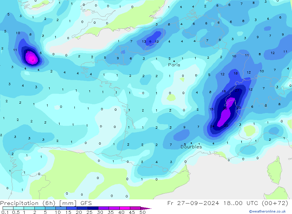 Z500/Rain (+SLP)/Z850 GFS ven 27.09.2024 00 UTC