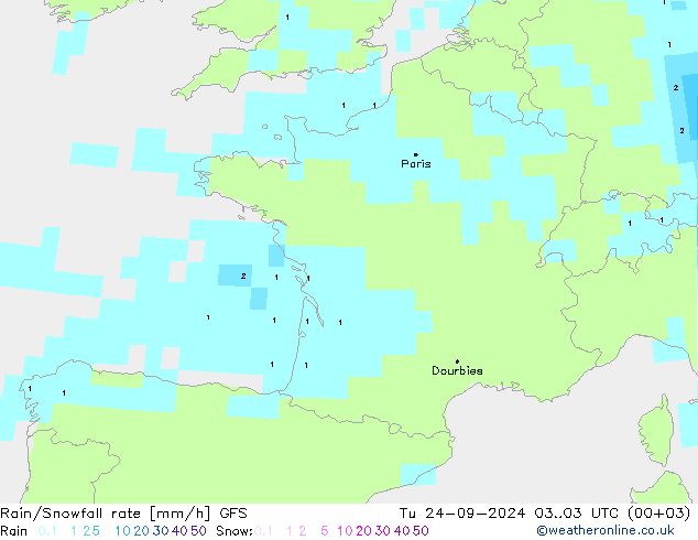 Rain/Snowfall rate GFS wto. 24.09.2024 03 UTC