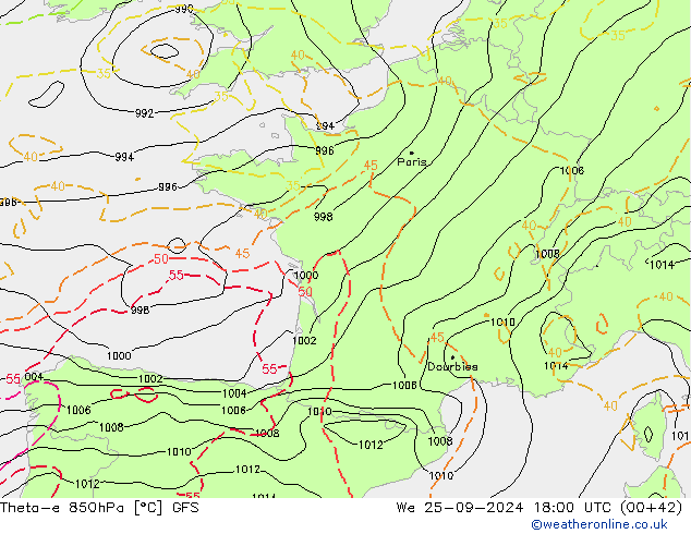 Theta-e 850hPa GFS St 25.09.2024 18 UTC