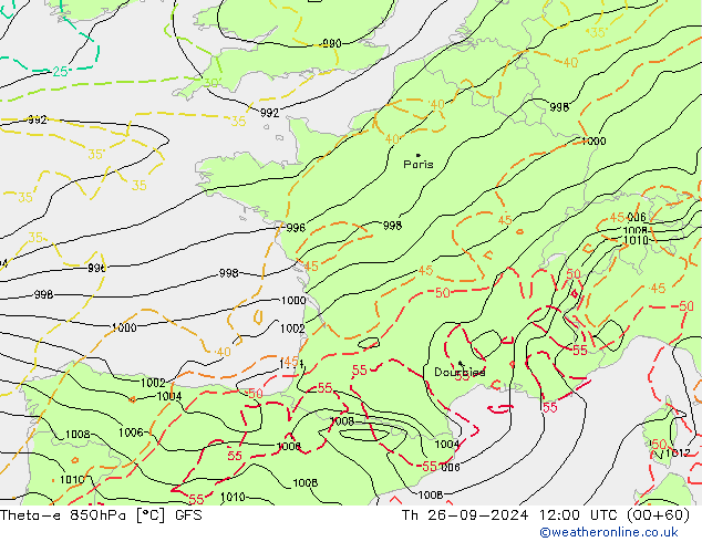 Theta-e 850hPa GFS Th 26.09.2024 12 UTC