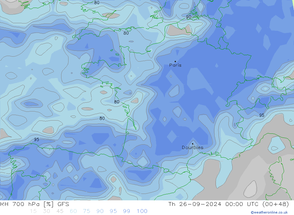 Humidité rel. 700 hPa GFS jeu 26.09.2024 00 UTC