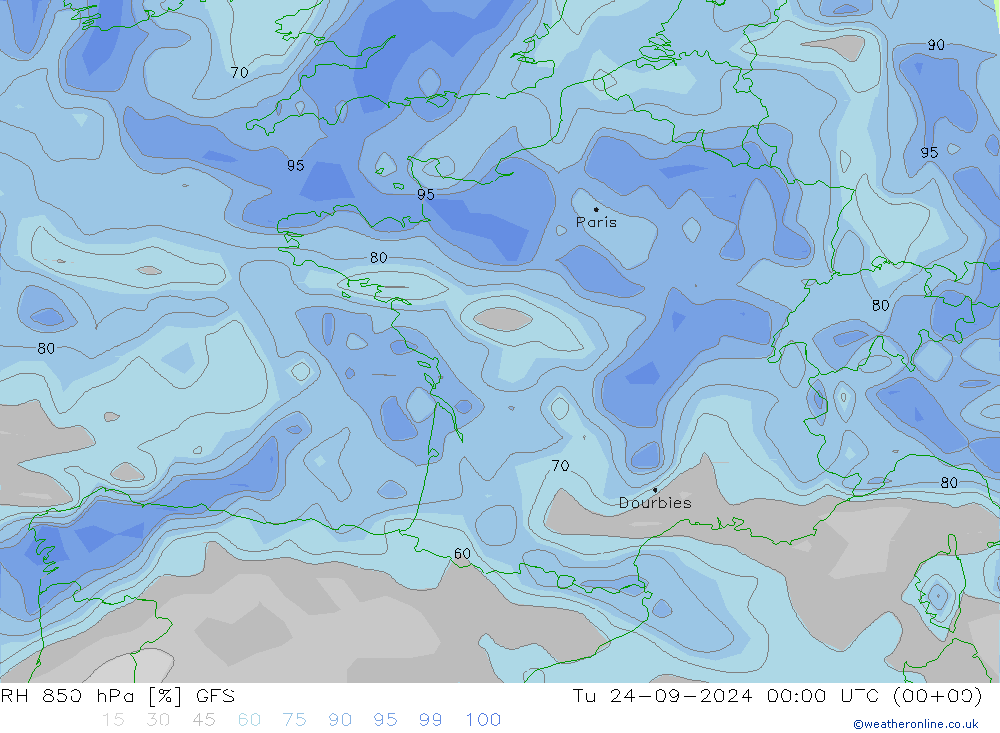 RH 850 hPa GFS Út 24.09.2024 00 UTC