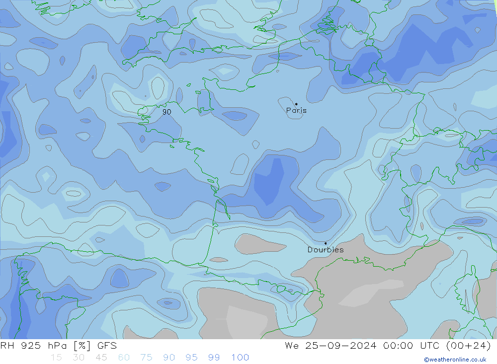 Humidité rel. 925 hPa GFS mer 25.09.2024 00 UTC