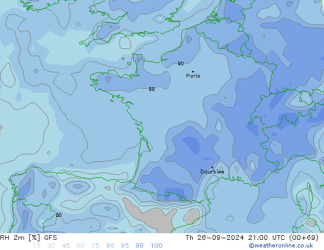 Humedad rel. 2m GFS jue 26.09.2024 21 UTC