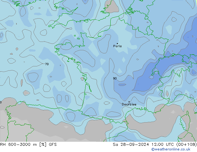 RH 600-3000 m GFS Sáb 28.09.2024 12 UTC