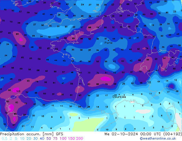 Precipitación acum. GFS mié 02.10.2024 00 UTC