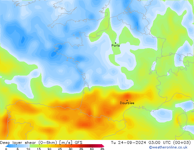 Deep layer shear (0-6km) GFS mar 24.09.2024 03 UTC