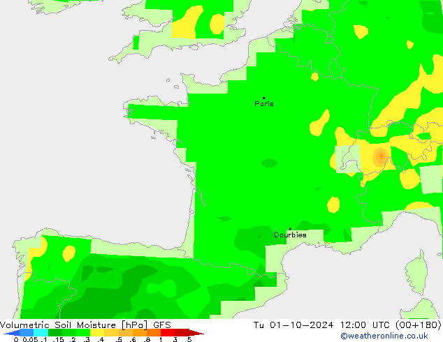 Volumetric Soil Moisture GFS Tu 01.10.2024 12 UTC