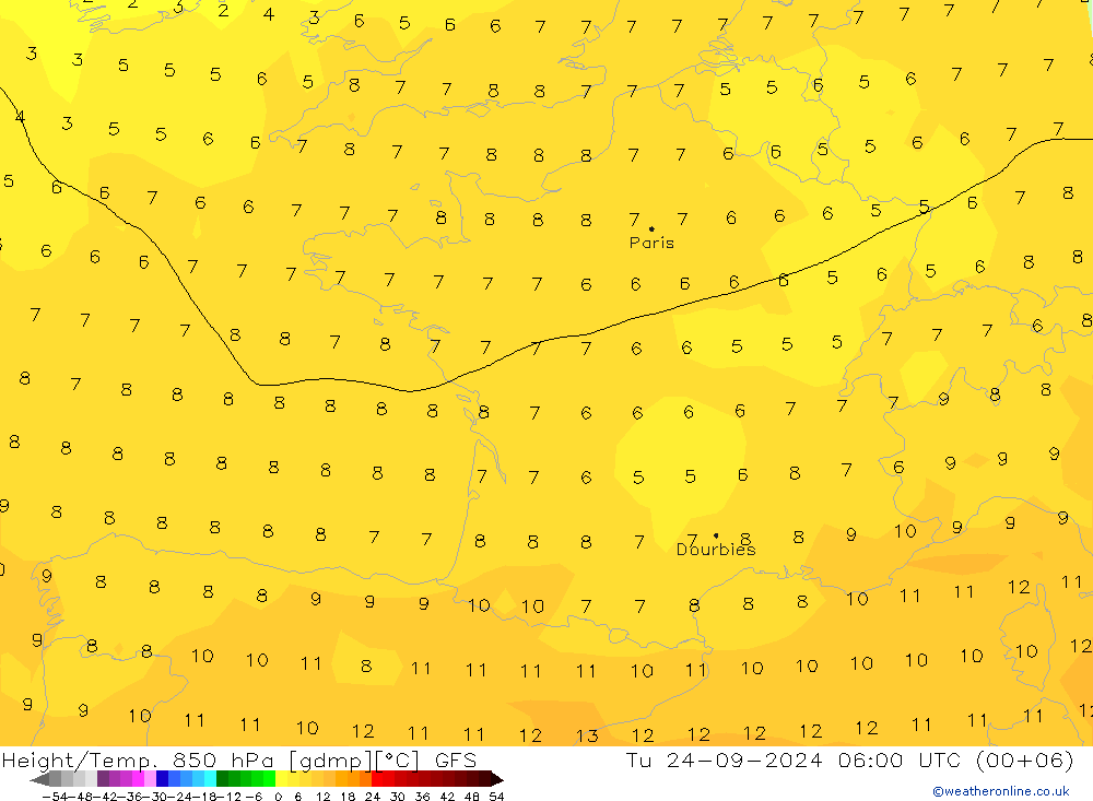 Geop./Temp. 850 hPa GFS mar 24.09.2024 06 UTC