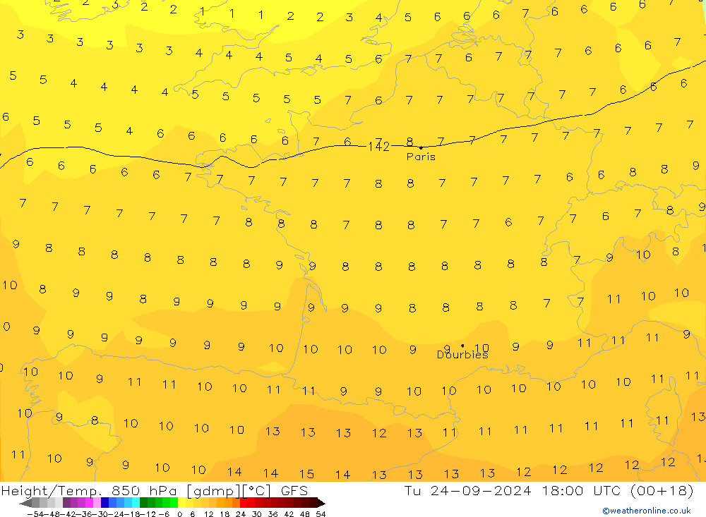 Geop./Temp. 850 hPa GFS mar 24.09.2024 18 UTC