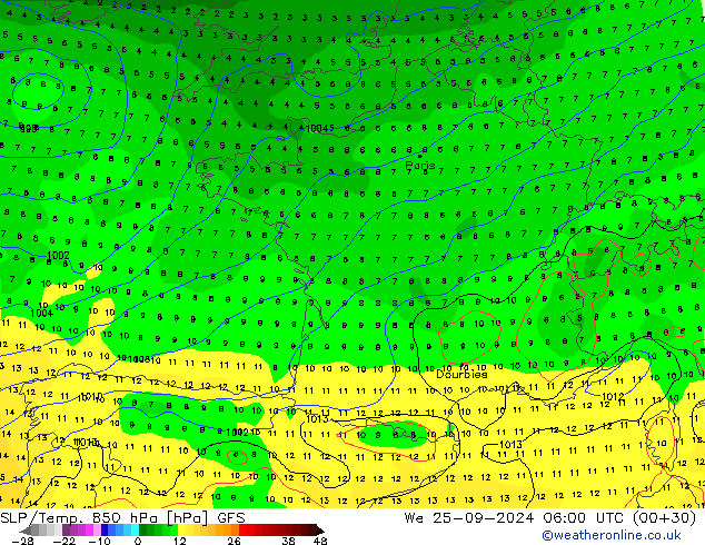 SLP/Temp. 850 hPa GFS mer 25.09.2024 06 UTC