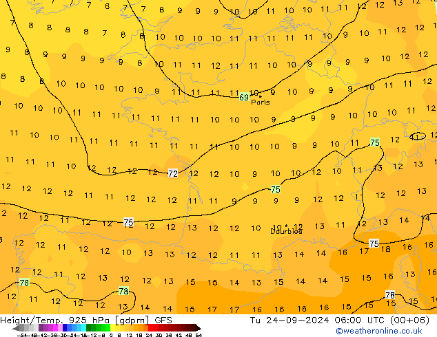 Height/Temp. 925 hPa GFS  24.09.2024 06 UTC