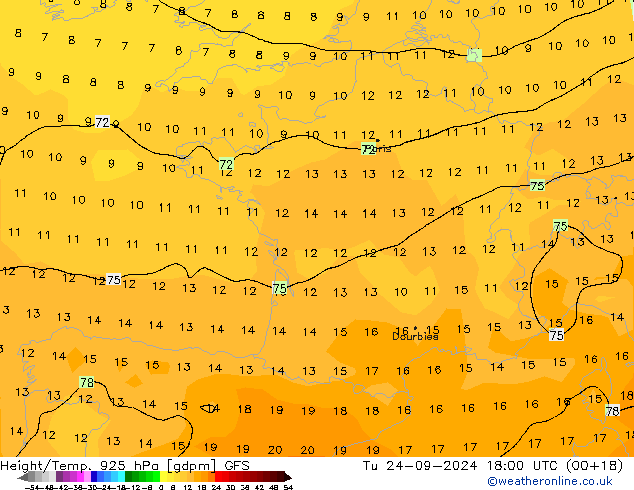 Height/Temp. 925 hPa GFS Ter 24.09.2024 18 UTC