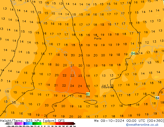 Height/Temp. 925 hPa GFS mer 09.10.2024 00 UTC