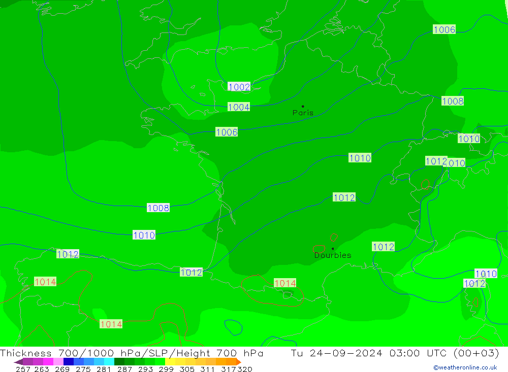 700-1000 hPa Kalınlığı GFS Sa 24.09.2024 03 UTC