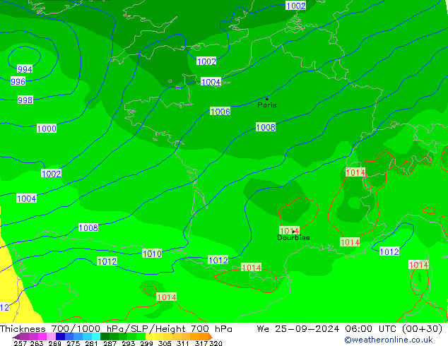 Thck 700-1000 hPa GFS mer 25.09.2024 06 UTC