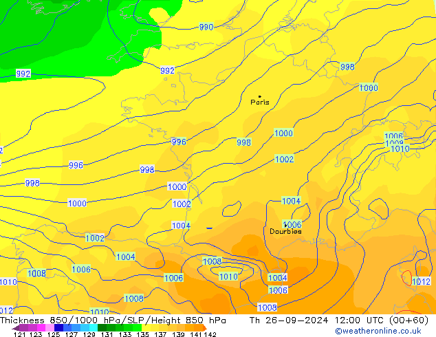 Thck 850-1000 hPa GFS Th 26.09.2024 12 UTC