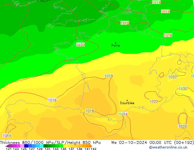 Thck 850-1000 hPa GFS October 2024