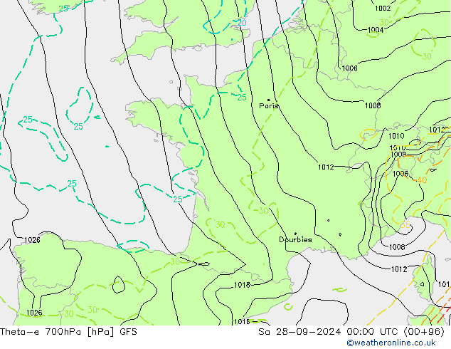 Theta-e 700гПа GFS сб 28.09.2024 00 UTC